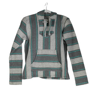 Senor Lopez Hoodie Women Small Gray Teal Baja Striped Knit Pullover Sweater